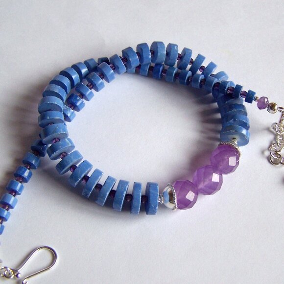 Sterling Silver MAGNESITE AMETHYST CHALCEDONY Necklace Heishi Choker Adjustable - Picture 8 of 16